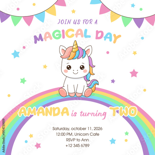 Unicorn cute illustration. Vector card design. Magical birthday party.
