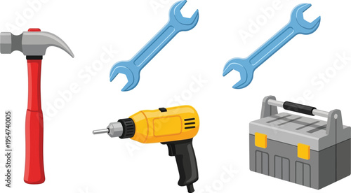 A collection of colorful construction and home repair tools on a clean and simple white background
