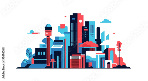 A colorful cityscape with modern buildings.