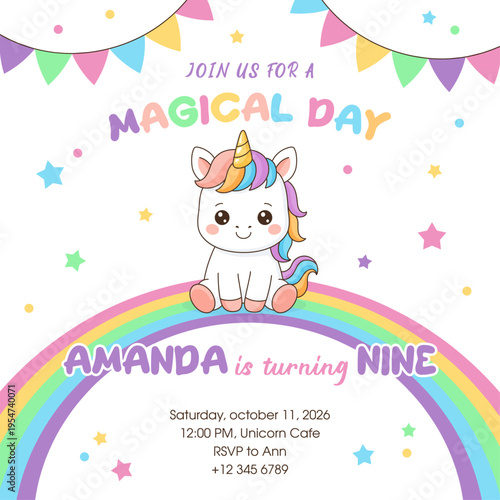Unicorn cute illustration. Vector card design. Magical birthday party.
