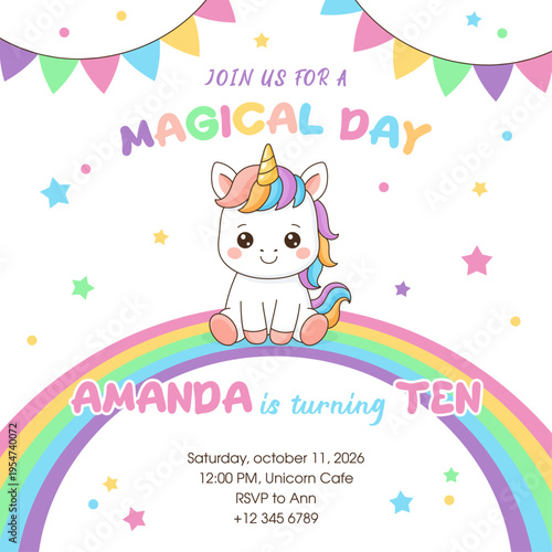 Unicorn cute illustration. Vector card design. Magical birthday party.
