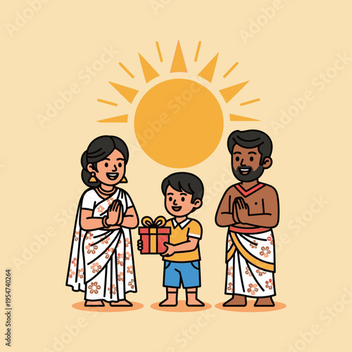 Happy Sinhala and Tamil New Year Family Greeting with Child Holding Gift and Sun Icon Vector Illustration