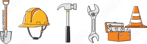 A collection of various construction equipment including a shovel, hard hat, hammer, and toolbox