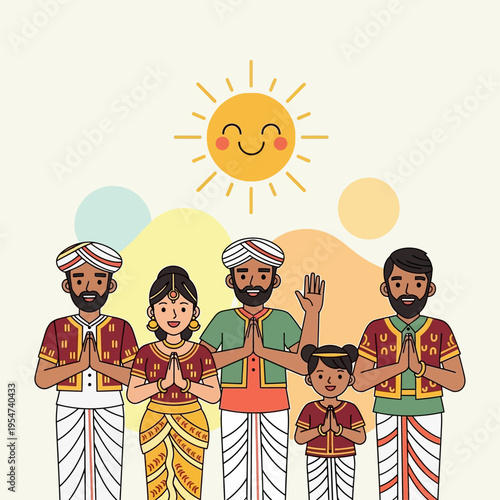 Cartoon Illustration of Sri Lankan Family in Traditional Dress Celebrating Sinhala and Tamil New Year with Smiling Sun