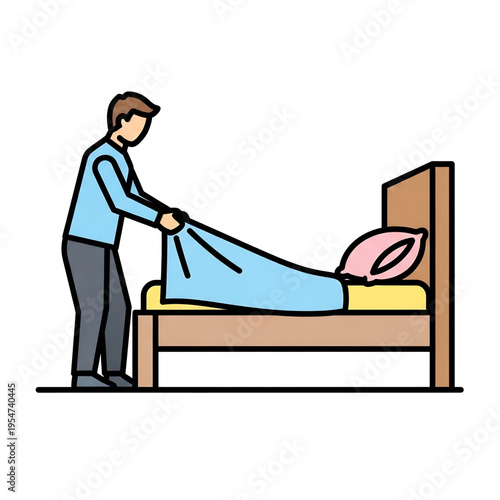 Person making a bed and arranging bedding at home.