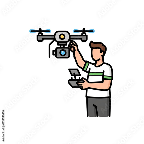 Operator controlling flying drone with remote controller.