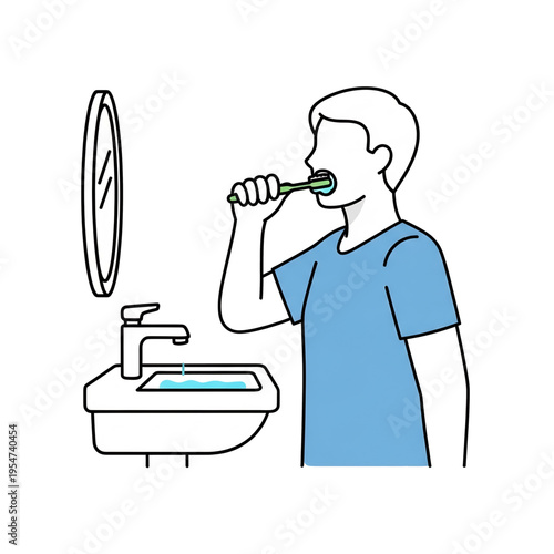 Man brushing teeth at bathroom sink for daily hygiene.