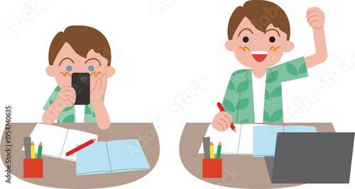 家庭学習する小学生の男の子。無気力とやる気の表情のイラスト。