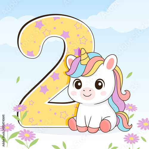 Unicorn cute illustration. Vector card design. Magical birthday party.