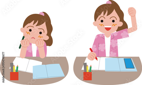 家庭学習する小学生の女の子。無気力とやる気の表情のイラスト。