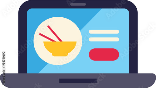 Flat design illustration showing an online food ordering interface on a laptop screen
