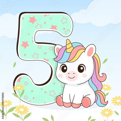 Unicorn cute illustration. Vector card design. Magical birthday party.
