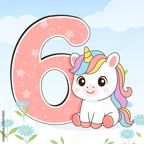 Unicorn cute illustration. Vector card design. Magical birthday party.
