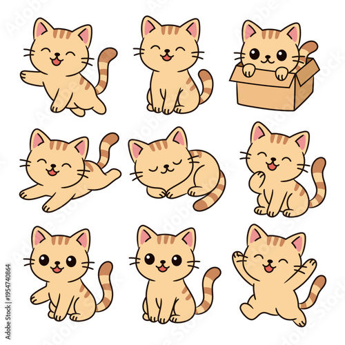 Set of cute cat sticker. Lovely cat and friendly kitten in different poses.
