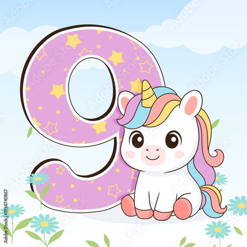 Unicorn cute illustration. Vector card design. Magical birthday party.
