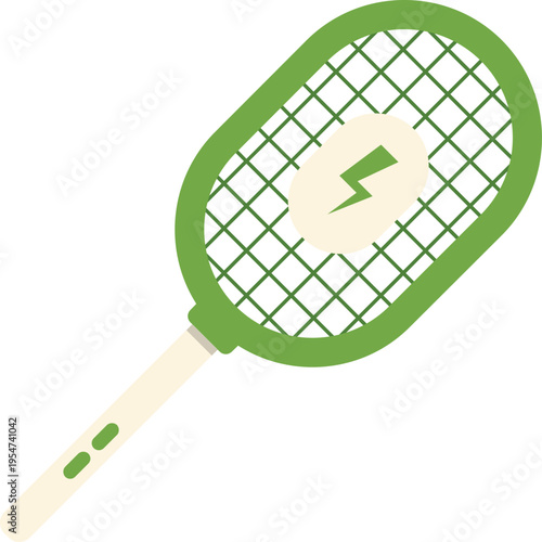 Modern electric fly swatter illustration with green handle and power symbol for pest control