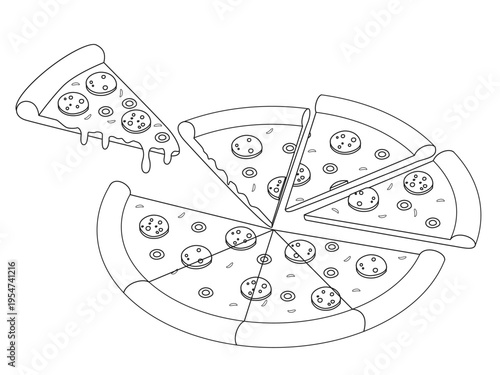 A whole pizza cut into eighths, side view. Outline vector illustration isolated on a white background