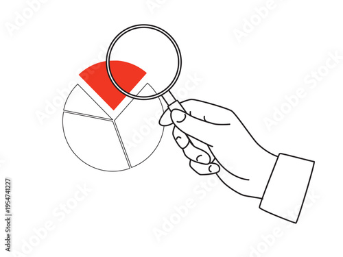 A person looking at circle pie diagram through a magnifying glass- outline illustration with red accent. Vector illustration isolated on a white background