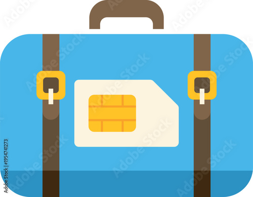Blue suitcase with a sim card icon symbolizing global mobile travel and communication