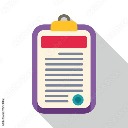 Clipboard holding a document displaying data lines and an official seal in flat design style