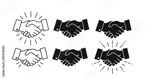 Black and white illustrations of multiple handshakes with motion lines on a plain white background.