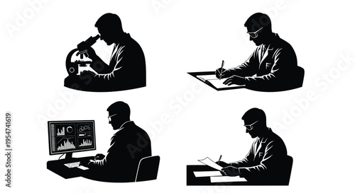 Silhouette illustrations of scientists working in laboratory and office settings with various equipment