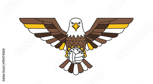 Graphic illustration of a brown eagle with white head and yellow beak, spread wings, on a clean white background.
