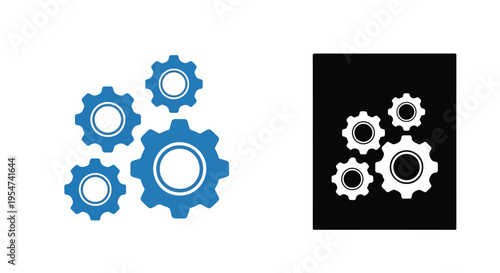 Graphic illustration of blue and white gear icons on a white and black background, with a flat design style and contrasting colors.
