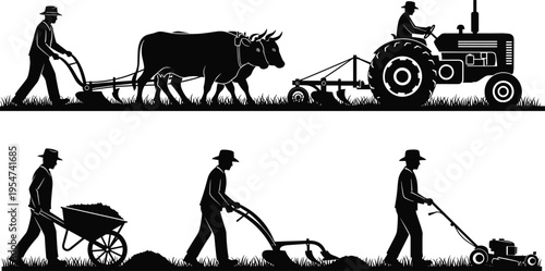 Agriculture and Farming Silhouettes Collection Featuring Farmer with Tractor Oxen Plow Wheelbarrow and Lawnmower Vector Icons for Rural Landscape Design