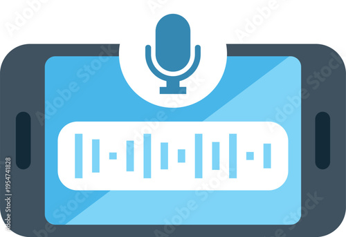 Flat design illustration showing a smartphone screen with voice recognition and sound waveform