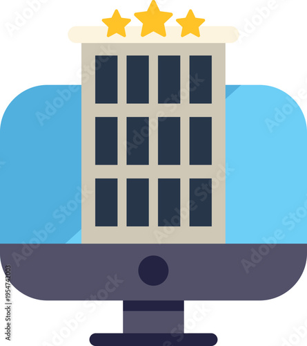 Flat design illustration symbolizing online hotel booking and rating services