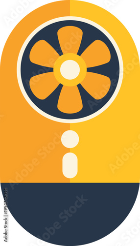 Minimal flat vector illustration of a compact handheld electric fan with yellow and dark parts