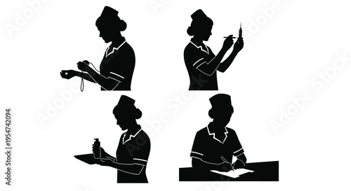 Four silhouettes of nurses performing various medical tasks with precision and care always