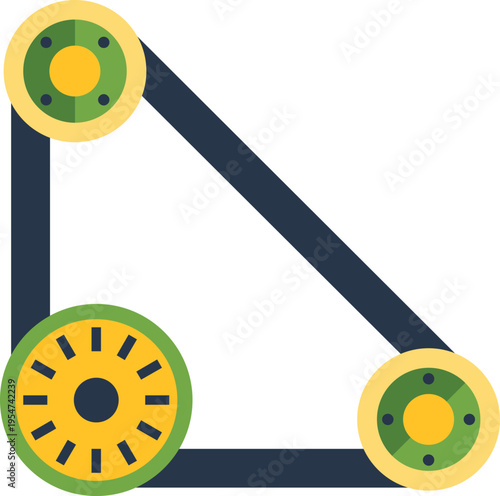 Flat design illustration showing a connected belt and pulley system symbolizing engineering process