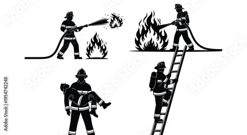 Firefighters in various emergency response situations with flames and rescue