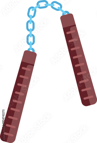 Classic martial arts nunchaku illustration with brown handles linked by a blue chain