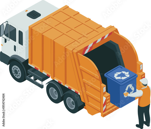 Garbage, truck, recycling, waste, collection, sanitation, service, worker, environment, disposal, cleanup, transport, city, municipal, eco, management, trash, vehicle, illustration, isometric