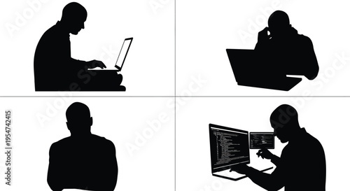 Silhouette of a man working on computer in various positions and using multiple devices