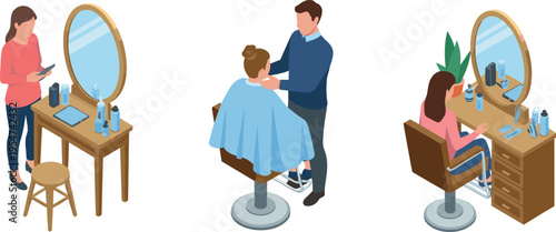 Hair salon, barber, hairstylist, beauty, haircut, styling, grooming, mirror, client, chair, cosmetics, tools, professional, service, fashion, hygiene, spa, care, illustration, isometric