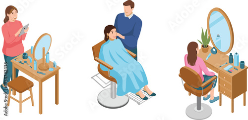 Hair salon, hairstylist, barber, haircut, beauty, grooming, styling, client, chair, mirror, cosmetics, tools, service, professional, fashion, hygiene, care, spa, illustration, isometric
