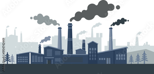 Industrial, pollution, factory, smoke, emission, environment, air, contamination, industry, plant, urban, skyline, ecology, crisis, vector, illustration, modern, problem, climate, concept