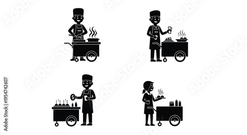 Vector illustrations of chefs cooking and serving food from carts