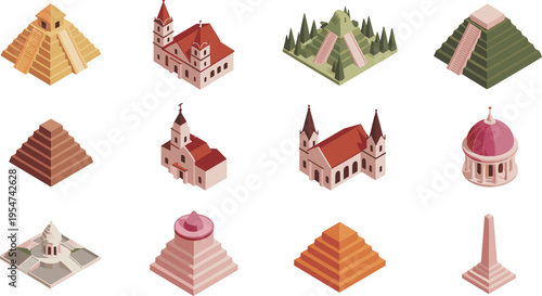 Isometric architectural landmarks set with pyramids, churches, domes and monuments, historic buildings collection, cultural heritage, 3D vector illustration design