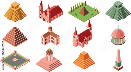 Isometric architectural landmarks set with pyramids, churches, monuments and historic buildings, cultural heritage collection, 3D vector illustration design