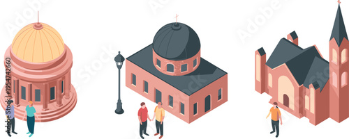 Isometric architecture set with classical rotunda domed building church and people urban landmark structures illustration vector design concept collection