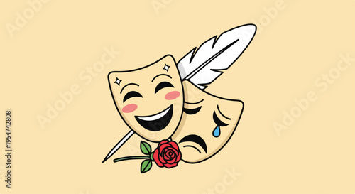 Theatrical masks with a smiling and crying face, adorned with a quill pen and red rose, on a pale yellow background.