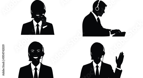 Vector graphic illustration of four business people wearing headsets and working