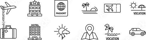 Travel and Vacation Line Icon Set with Hotel, Passport and Airplane Symbols