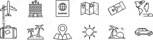 Travel and Vacation Planning Line Icons Set for Tourism and Trip Booking