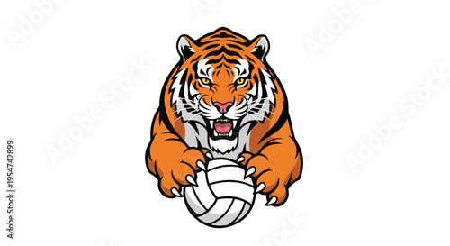 Illustration of a cartoon tiger holding a volleyball with a fierce expression on a plain white background.